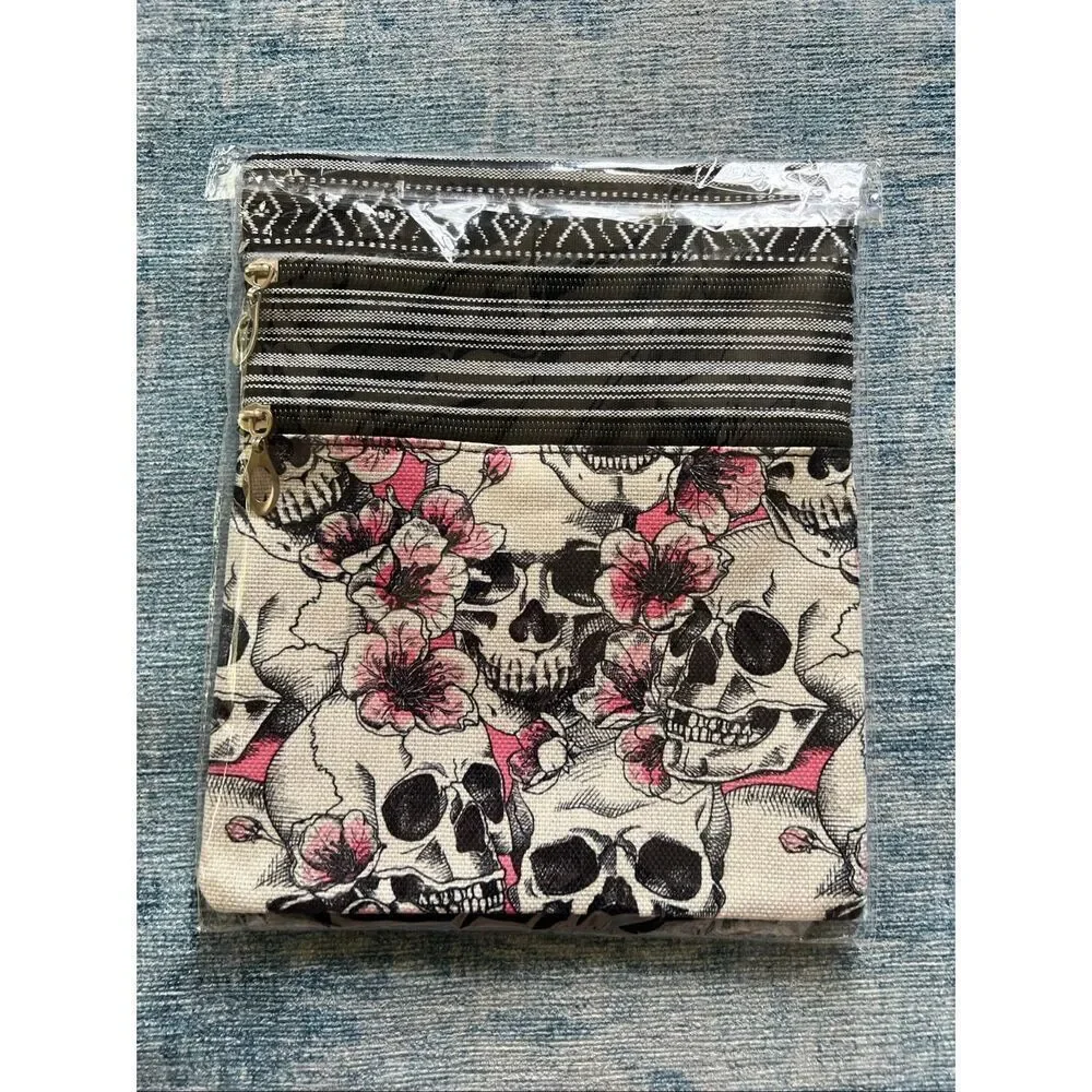 Pink Flower Floral Skull Cotton Canvas Double Pocket Crossbody Shoulder Pouch
